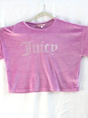 Juicy Couture Pink Velour Velvet Rhinestone Logo Top Oversized Cropped L